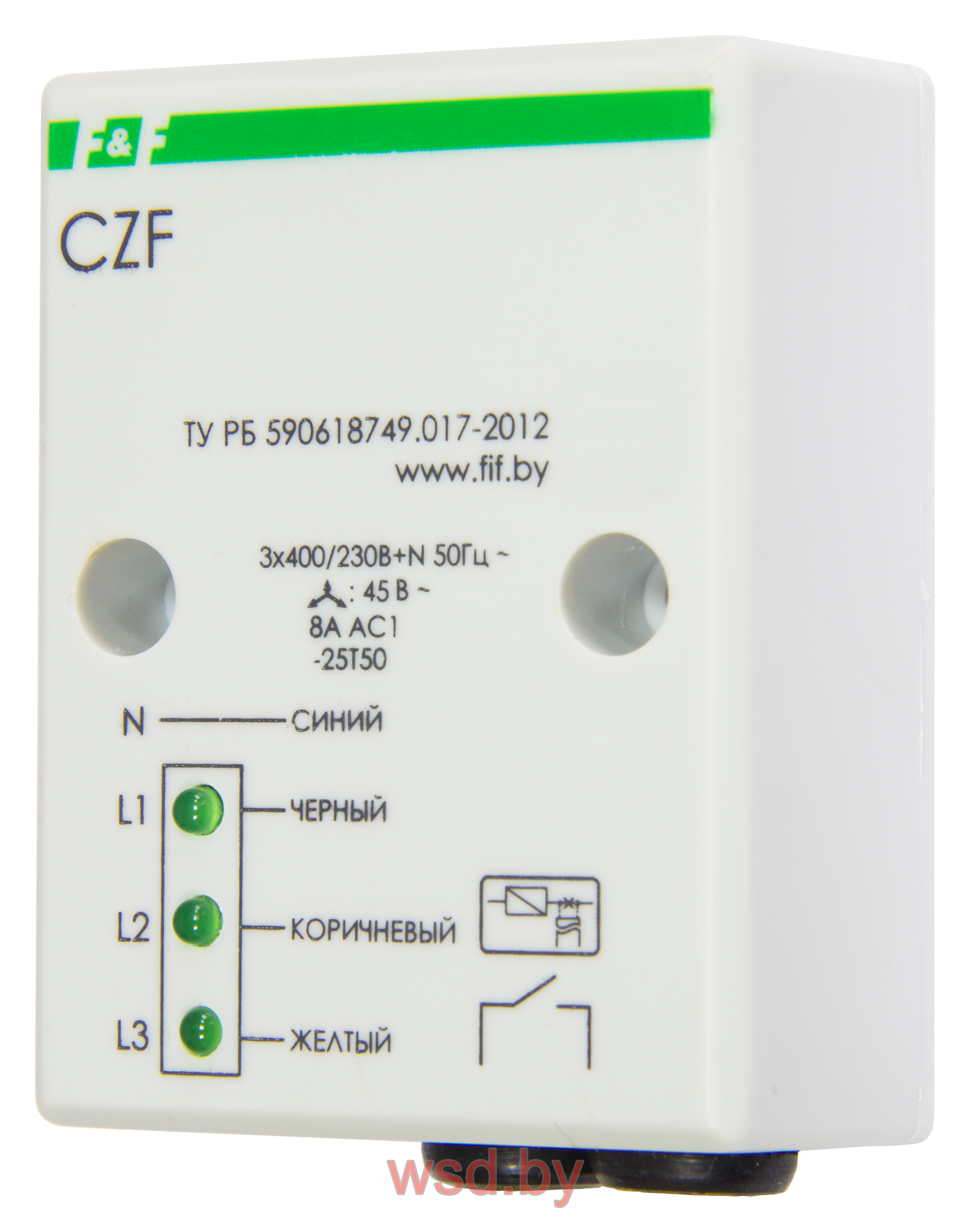 Реле контроля наличия, асимметрии фаз CZF, герметичный, асимметрия 55 В, задержка отключения 3-5 с, контакт 1NO.